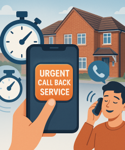 Urgent callback service, house and man on phone
